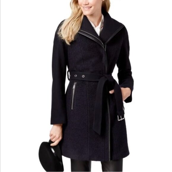NWT Tahari Elaine Navy Blue Belted Wool Coat with Faux Leather Trim - Picture 4 of 11